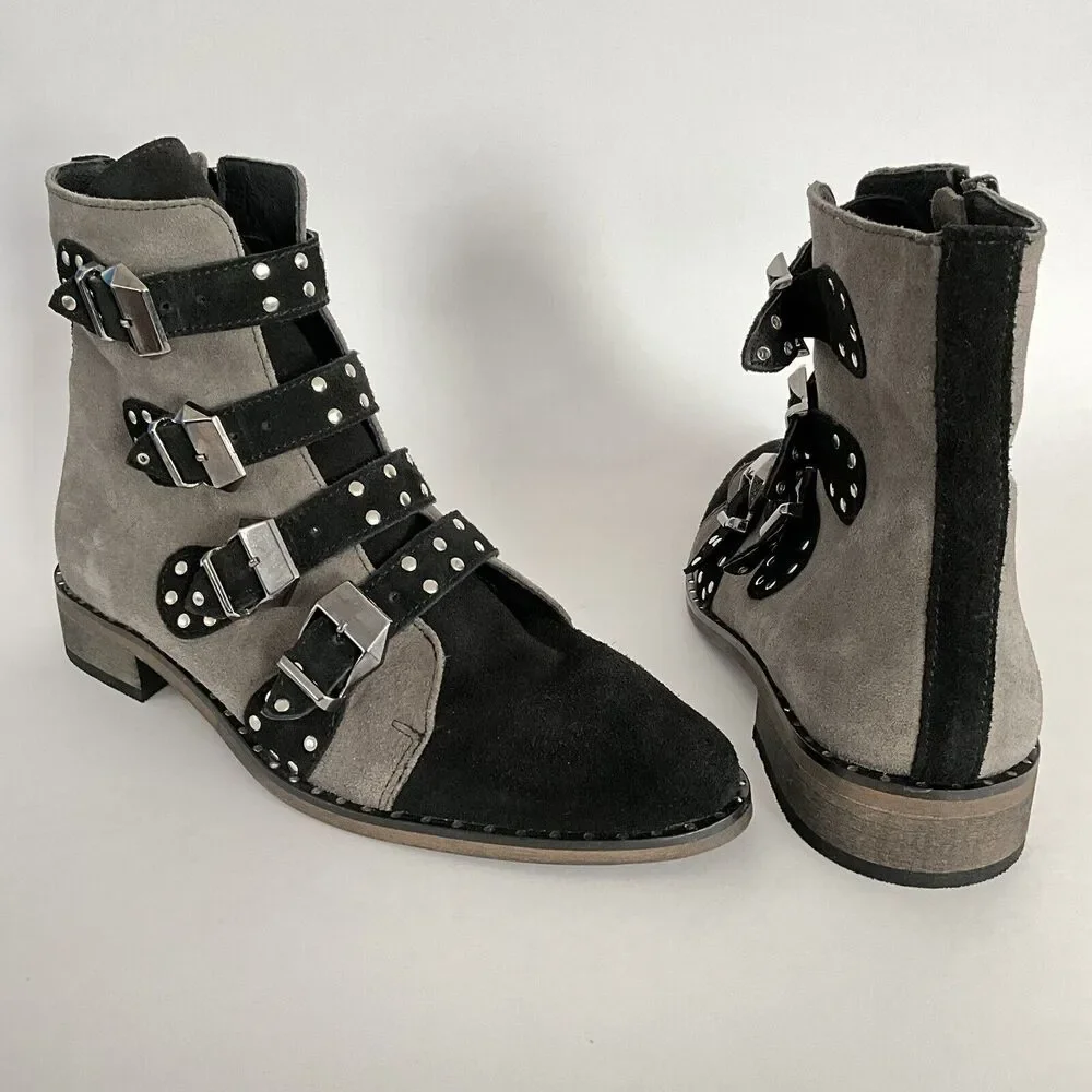 Girotti Suede Quad Buckle Studded Bootie Gray Black 41